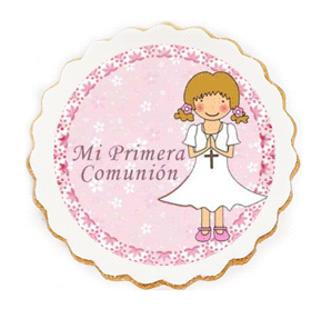 5,3cm - Galleta personalizada de 5,3cm Circular Onduladas con Fondant e impresion personalizada de 4cm.